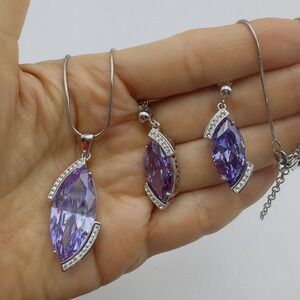 925 Sterling Silver Set Stud Earrings Purple Rhinestone Pendant Necklace Chain